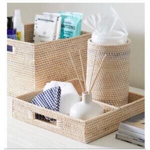 New Pottery Barn Tava Handwoven Rattan Sorting Tray Basket With Handle Whitewash